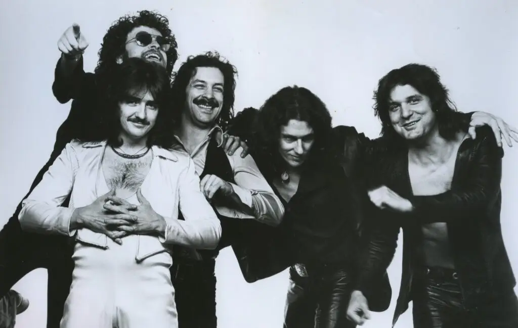 Blue Oyster Cult (Buck Dharma, Eric Bloom, Albert Bouchard, Allen Lanier, Joe Bouchard) — 1977 Columbia Records publicity photo from the Agents of Fortune / Spectres era