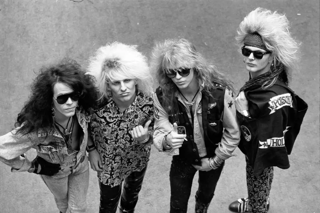Poison (Bobby Dall, C.C. DeVille, Bret Michaels, Rikki Rockett) — 1987, the classic Flesh & Blood-era lineup