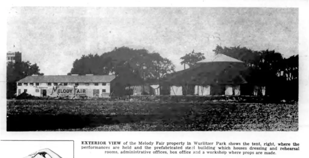 Black-and-white photograph of the Melody Fair building and tent, North Tonawanda, New York, 1956, with prominent MELODY FAIR signage on the side of the building and a large circus-style tent at right.