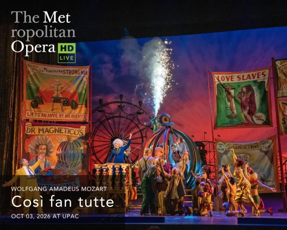 Così fan tutte Metropolitan Opera production at UPAC Kingston — Coney Island carnival staging with full cast on stage
