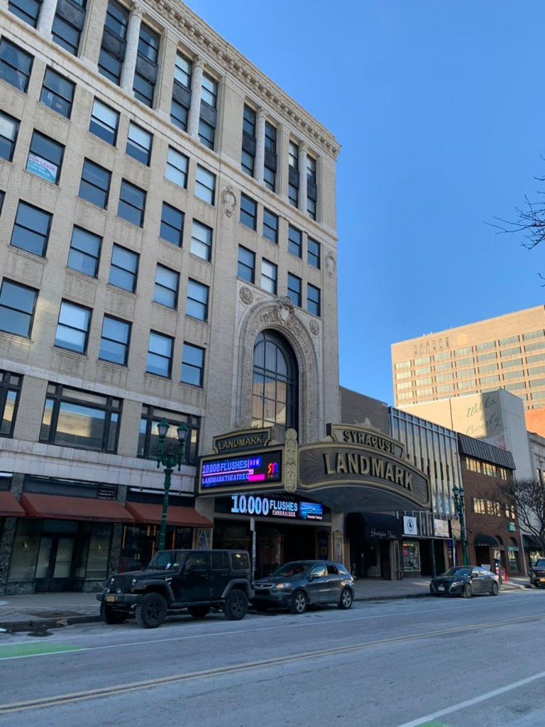 The marquee and exterior of the Landmark Theatre in Syracuse, New York.
