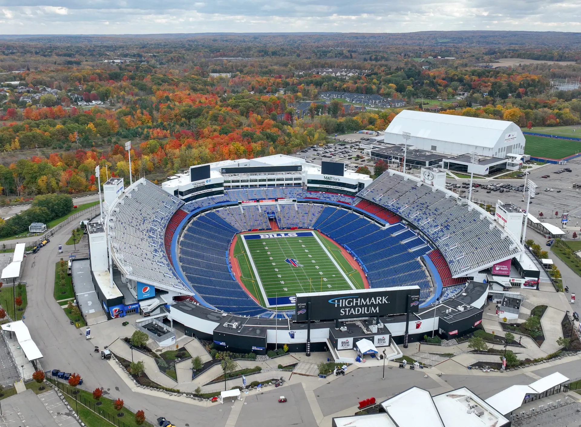 Aerial view of Highmark Stadium in Orchard Park, New York, home of the Buffalo Bills.