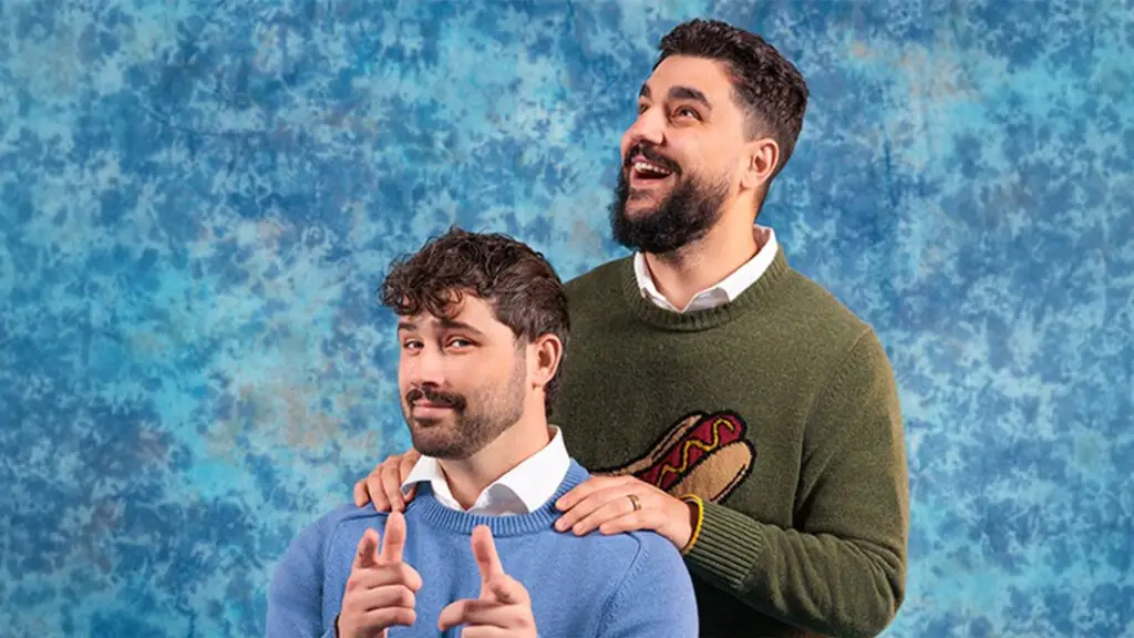 Joe Santagato and Frank Alvarez of The Basement Yard pose in comedic promo photo for their 2026 world tour