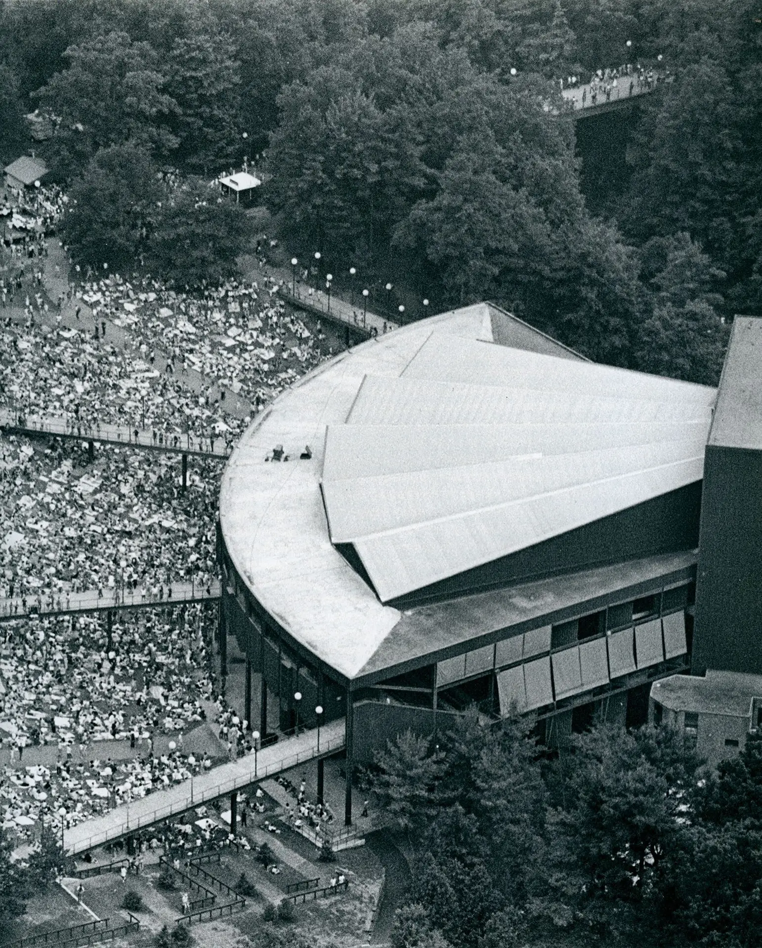 Aerial view of a Grateful Dead crowd filling the SPAC lawn, circa 1983