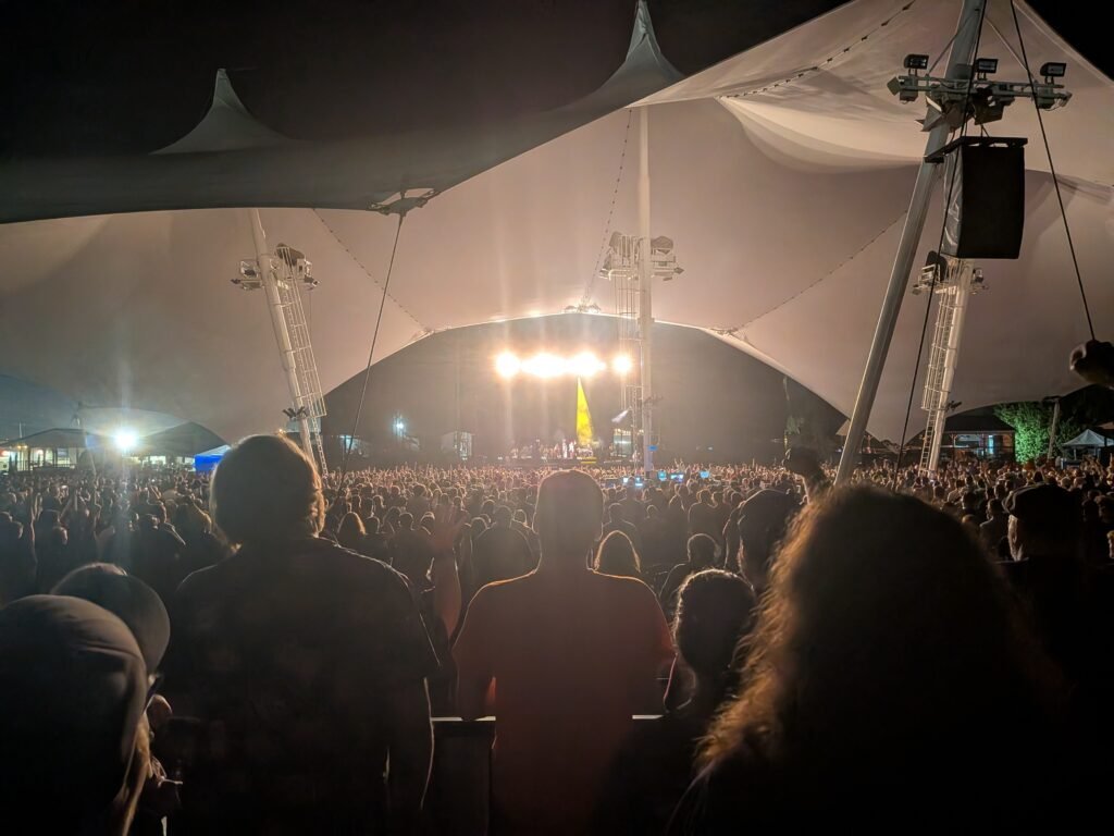 The white pavilion roof over the lawn crowd at Darien Lake Amphitheater