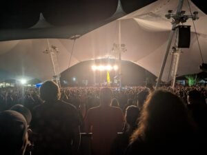 The white pavilion roof over the lawn crowd at Darien Lake Amphitheater