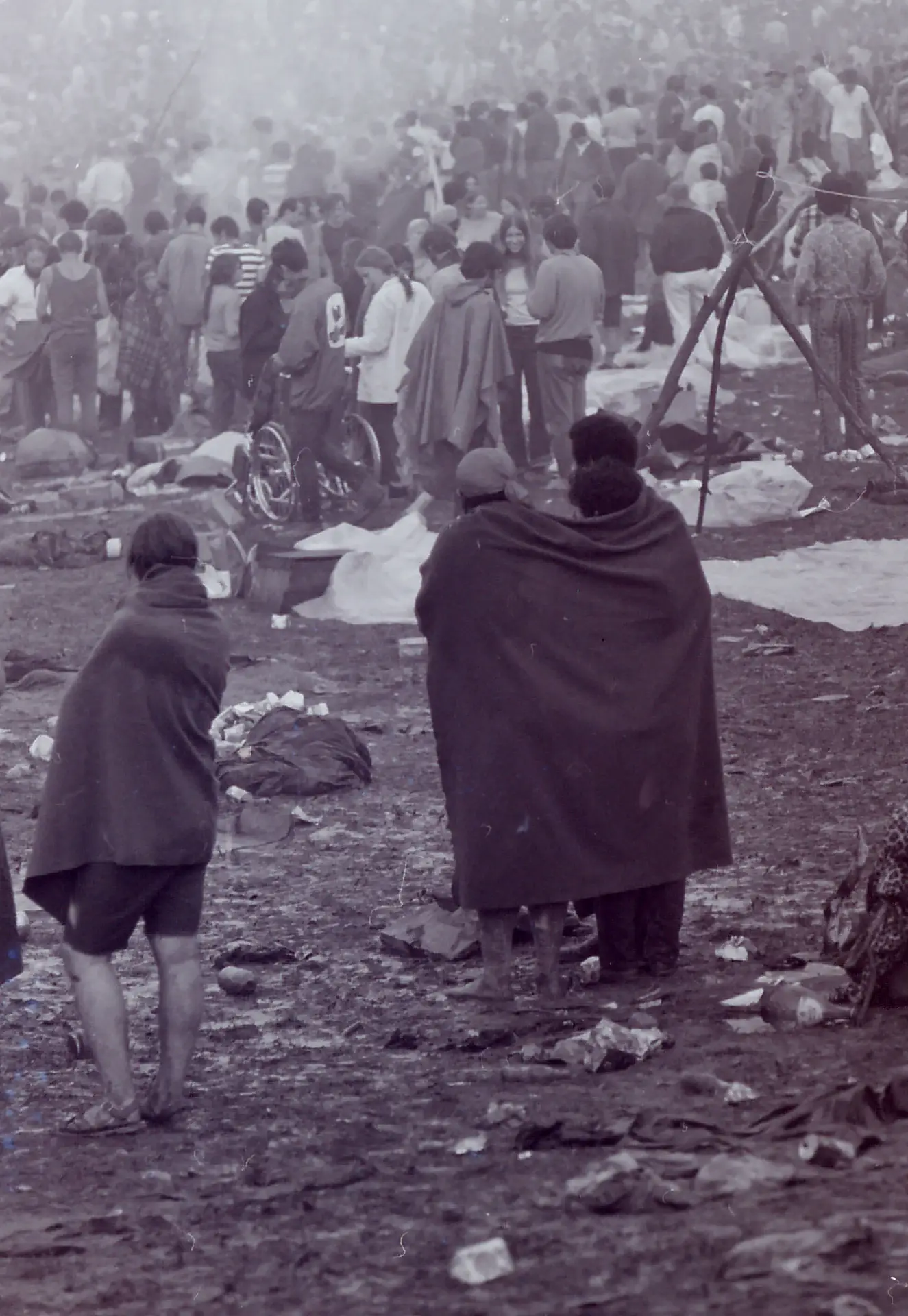 Woodstock festival-goers in the muddy field, August 1969