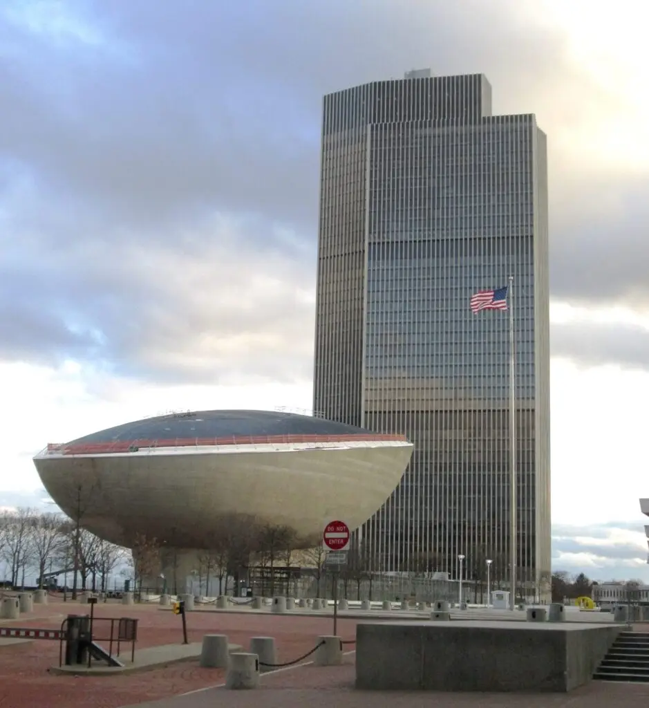 The Empire State Plaza in Albany with The Egg performing arts center and the Corning Tower