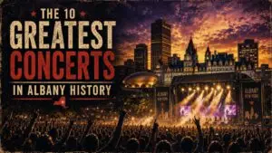 The 10 Greatest Concerts in Albany History, over the Albany skyline and a concert crowd