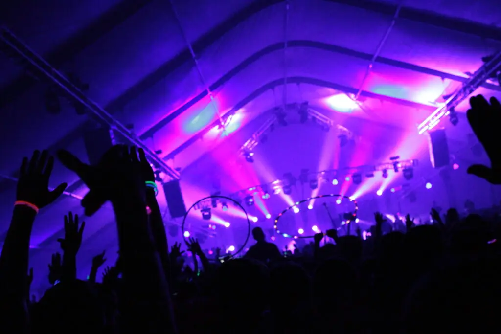 Skrillex performing to the crowd at Camp Bisco, Mariaville, New York, 2011