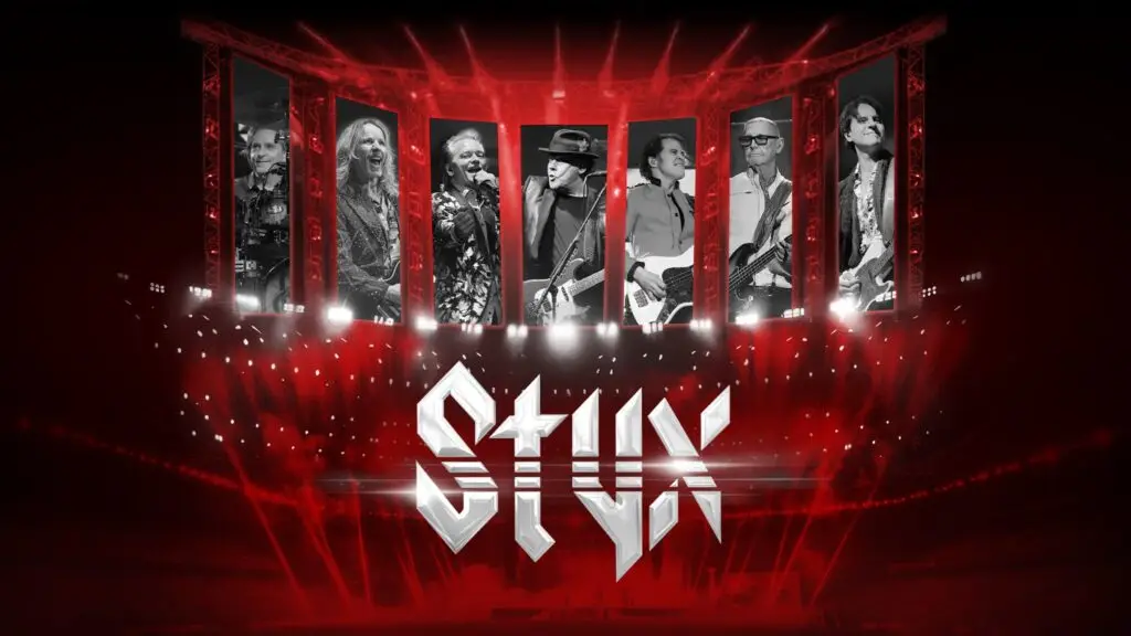 Styx band members performing live on stage, red stage lighting, official promotional photo