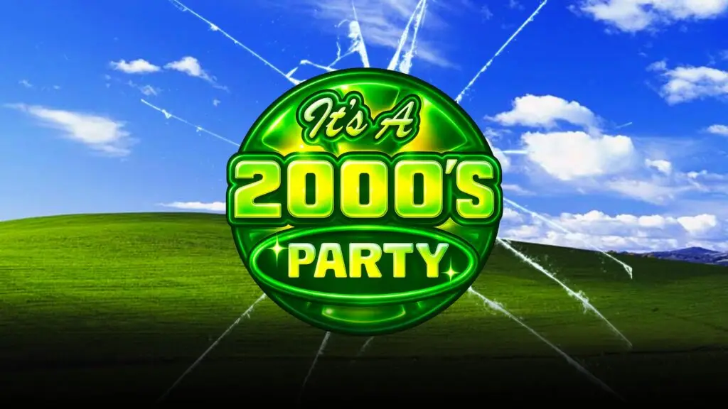 It's A 2000's Party official event logo over a stylized green hillside background