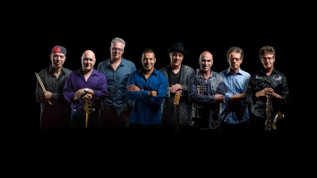 Brass Transit eight-piece Chicago tribute band in official promotional photo with guitars, trumpet, and saxophone