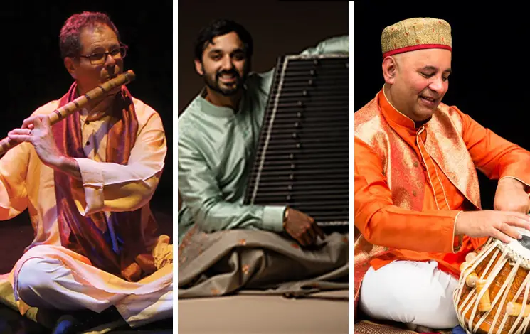 Steve Gorn, Vinay Desai, and Samir Chatterjee performing Indian classical music at Maverick Concert Hall