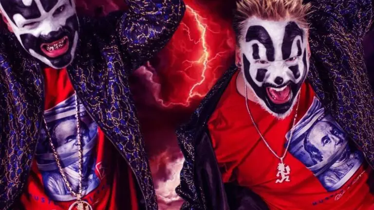 Insane Clown Posse — Violent J and Shaggy 2 Dope in full face paint against a red lightning backdrop