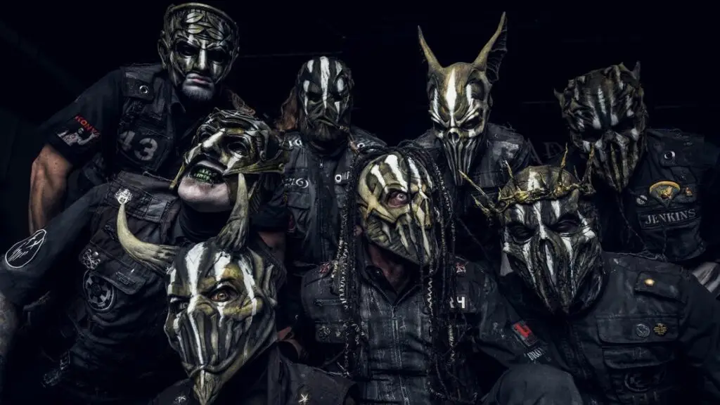 Mushroomhead band members in elaborate masks and costumes, official press photo