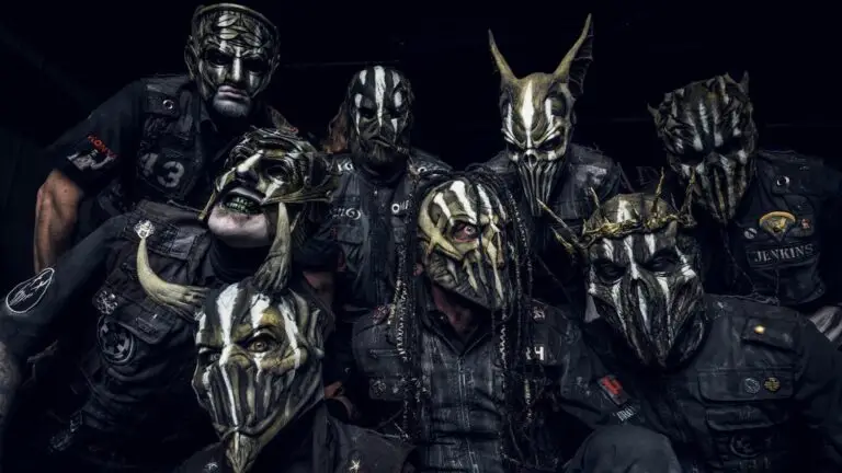 Mushroomhead band members in elaborate masks and costumes, official press photo