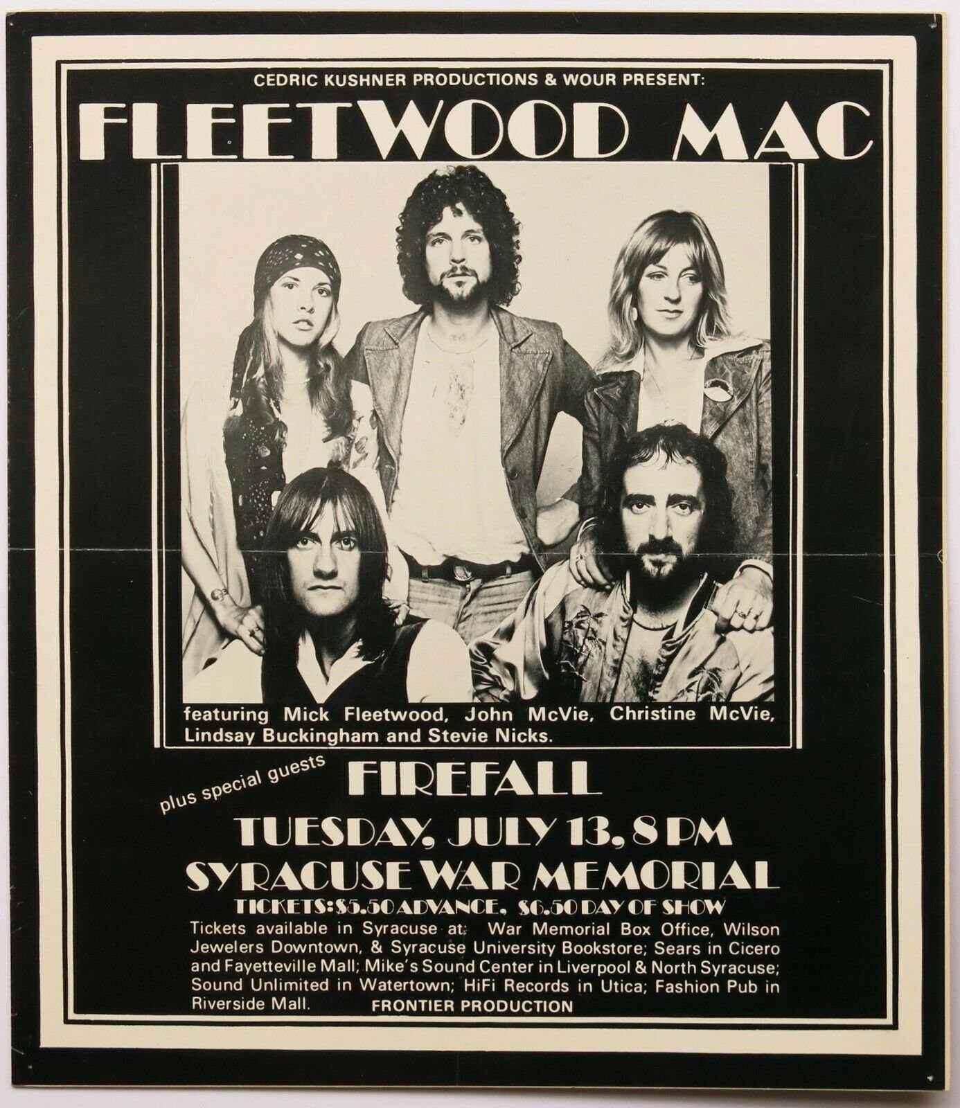 A 1976 concert poster for Fleetwood Mac with Firefall at the Syracuse War Memorial.