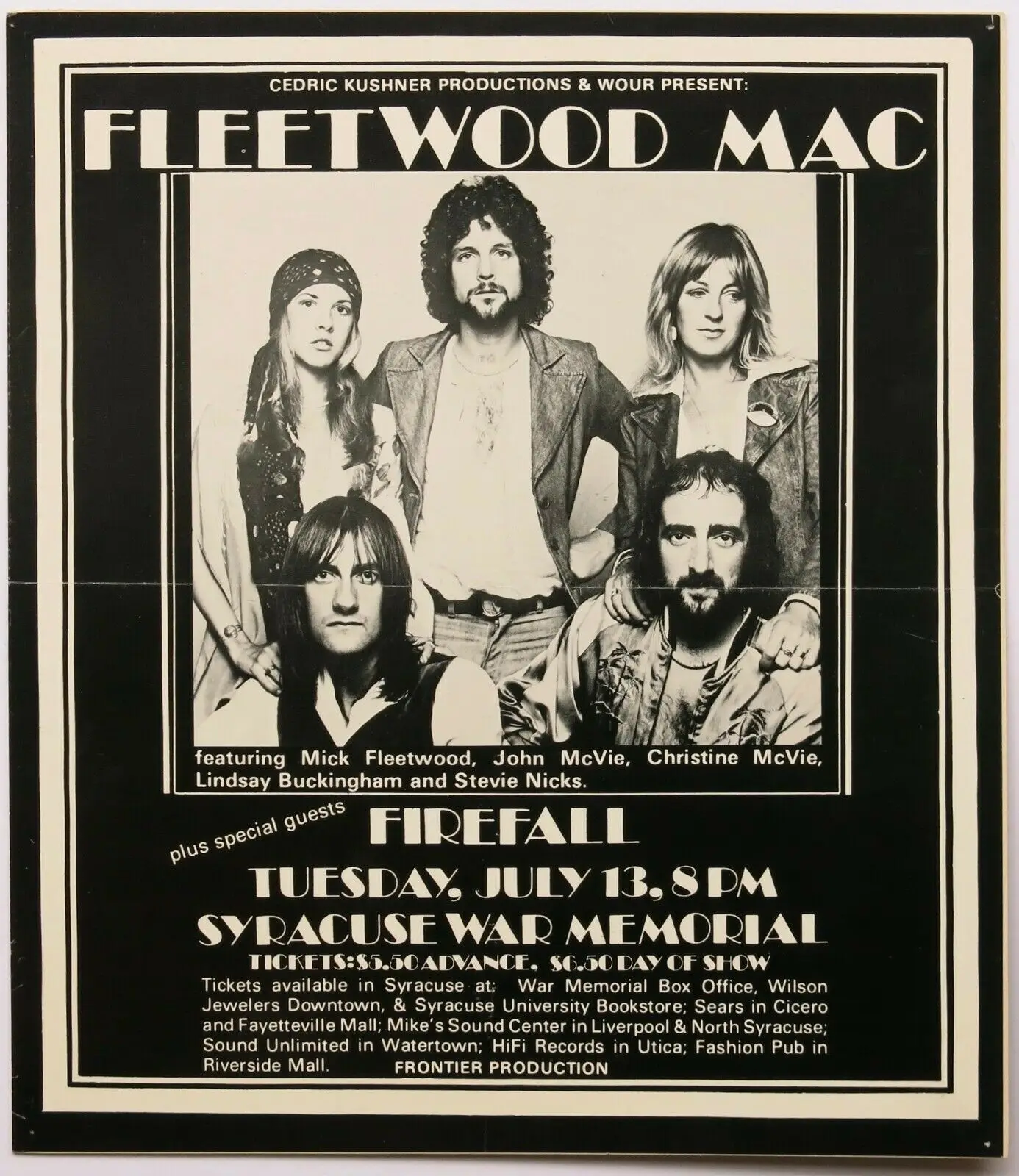 A 1976 concert poster for Fleetwood Mac with Firefall at the Syracuse War Memorial.