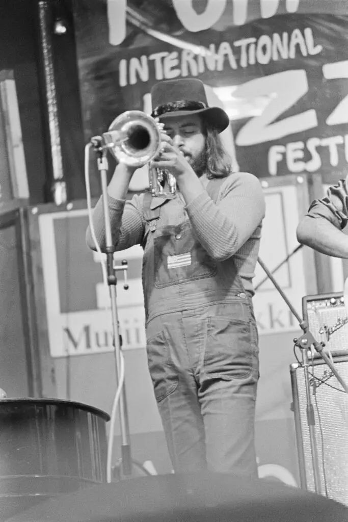 Chuck Mangione playing flugelhorn on stage, 1974
