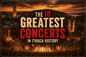 The 10 Greatest Concerts in Ithaca History — Cornell tower, the gorge falls, and Cayuga Lake