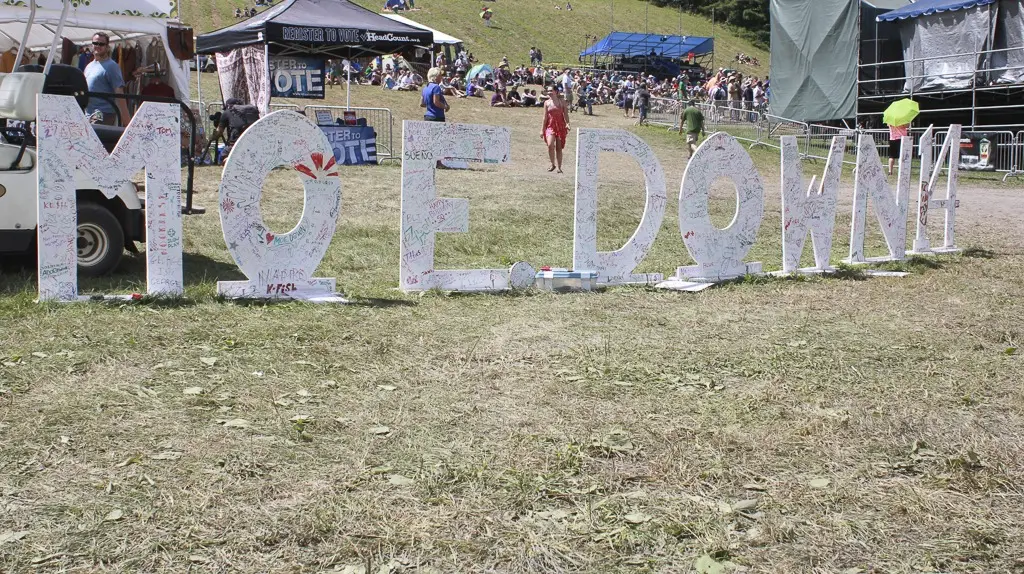 The giant fan-signed moe.down sign on the festival field in Turin, New York