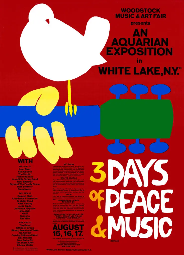 The 1969 Woodstock festival poster with the dove on a guitar neck