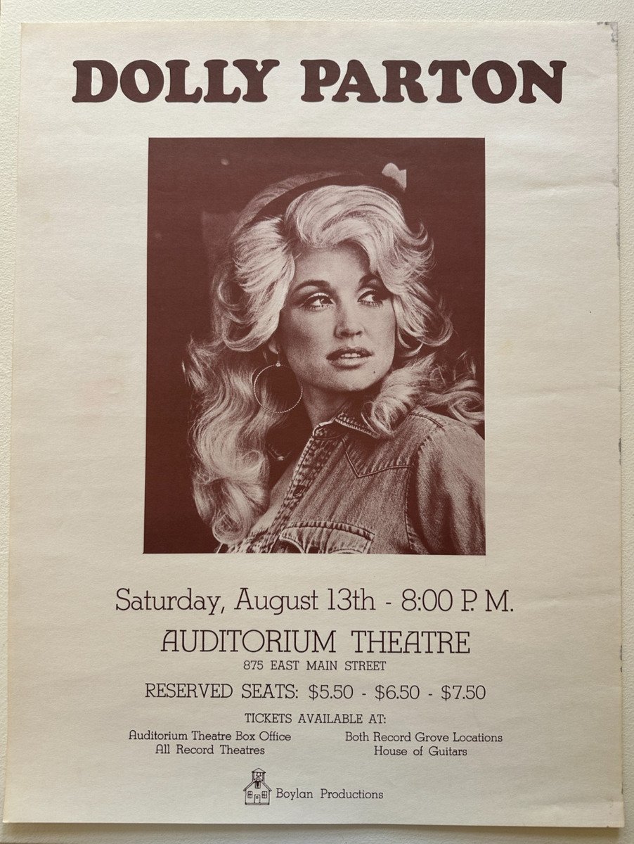 Original 1977 concert handbill for Dolly Parton at the Auditorium Theatre in Rochester, New York