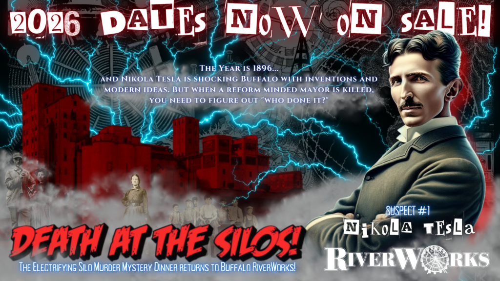 Death at the Silos murder mystery dinner at Buffalo RiverWorks — official 2026 promotional artwork