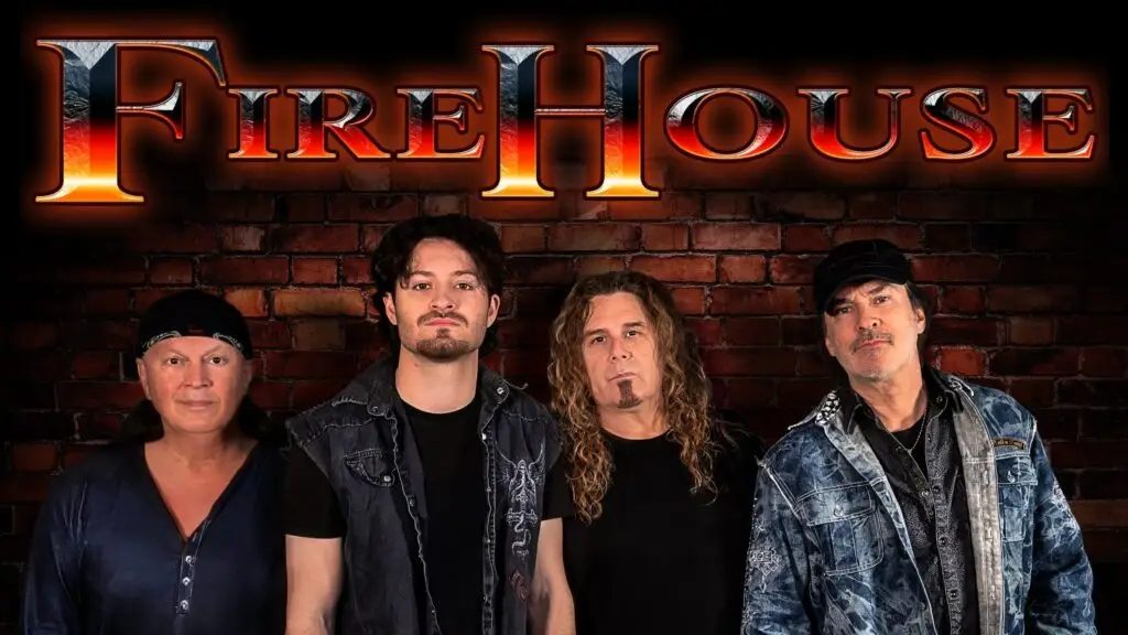 FireHouse performing live, four band members including guitarist Bill Leverty and frontman Nate Peck