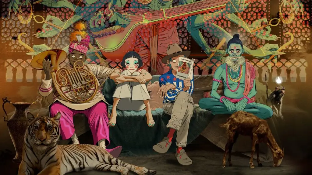Gorillaz animated band members in an ornate Indian palace setting, The Mountain Tour 2026