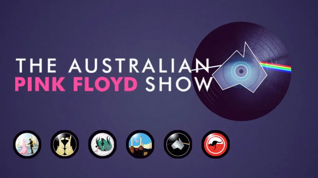 The Australian Pink Floyd Show promotional art with Australia-shaped vinyl record and Pink Floyd album icons
