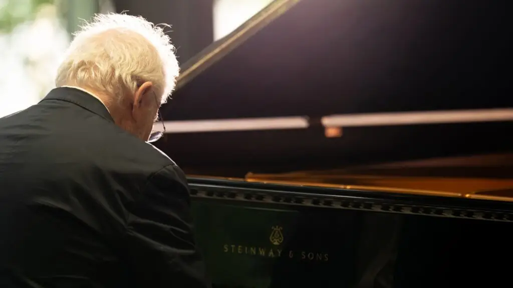 Emanuel Ax at the piano during filming of All the Music in the World at Mahaiwe Performing Arts Center