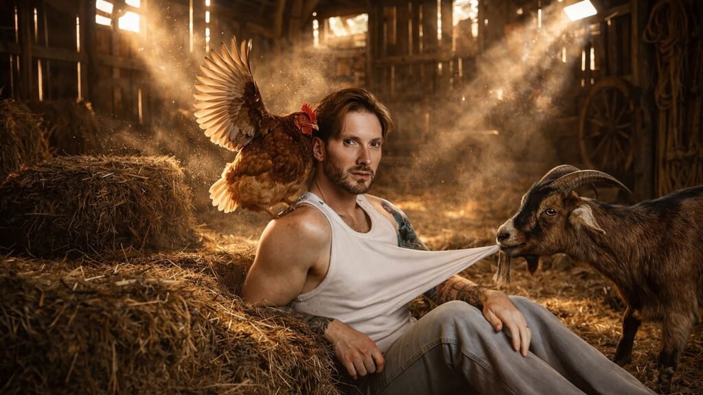 Matt Mathews in a barn with a chicken on his shoulder and a goat chewing his shirt, Not What I Ordered Tour