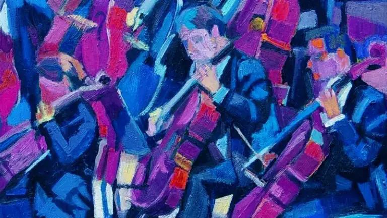 Expressionist painting of classical string musicians, Close Encounters With Music Vivace Orchestra at Mahaiwe