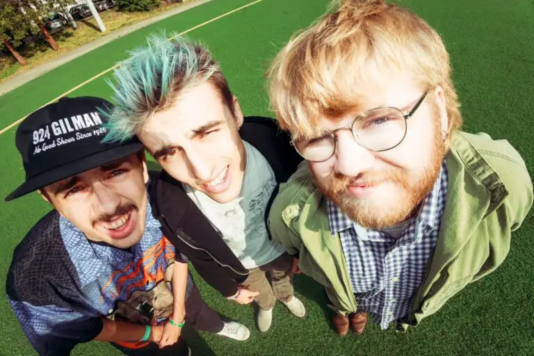Aren't We Amphibians, San Diego emo trio, photographed from above on a green turf field