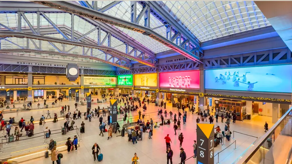 The Oath dance film by Big Dance Theater playing on screens at Moynihan Train Hall, Penn Station