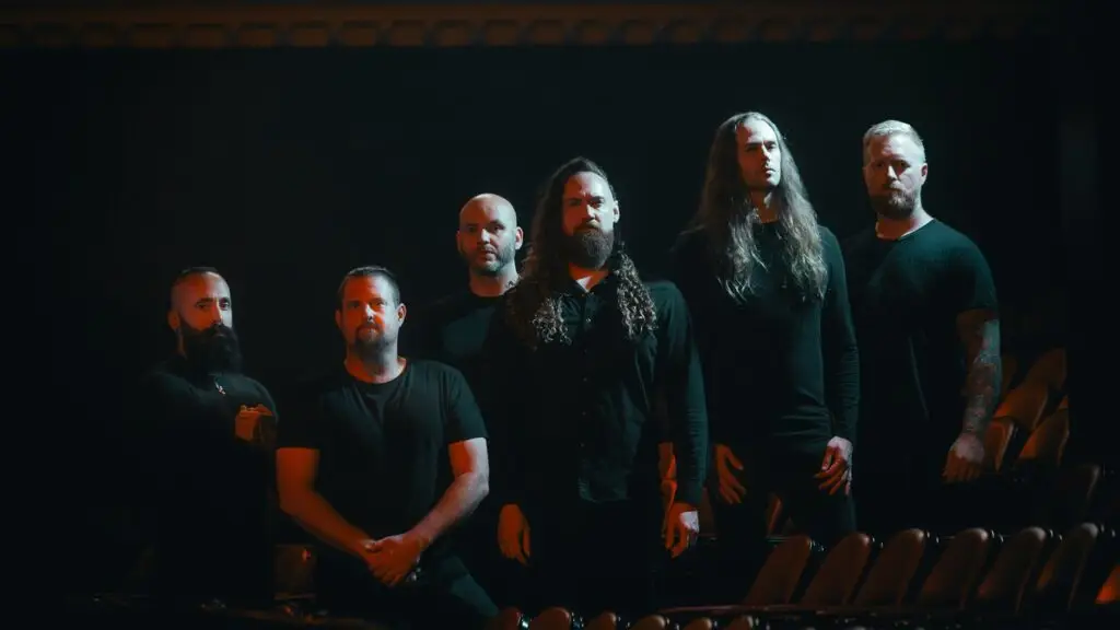Ne Obliviscaris performing live, six-piece Melbourne progressive metal band in dramatic stage lighting