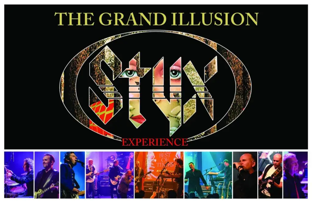 The Grand Illusion Styx Experience promotional art with band logo and live performance photo strip