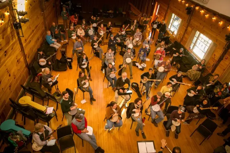 Banjo players fill the Esopus Lodge Performance Hall at Ashokan Center during Banjo Weekend