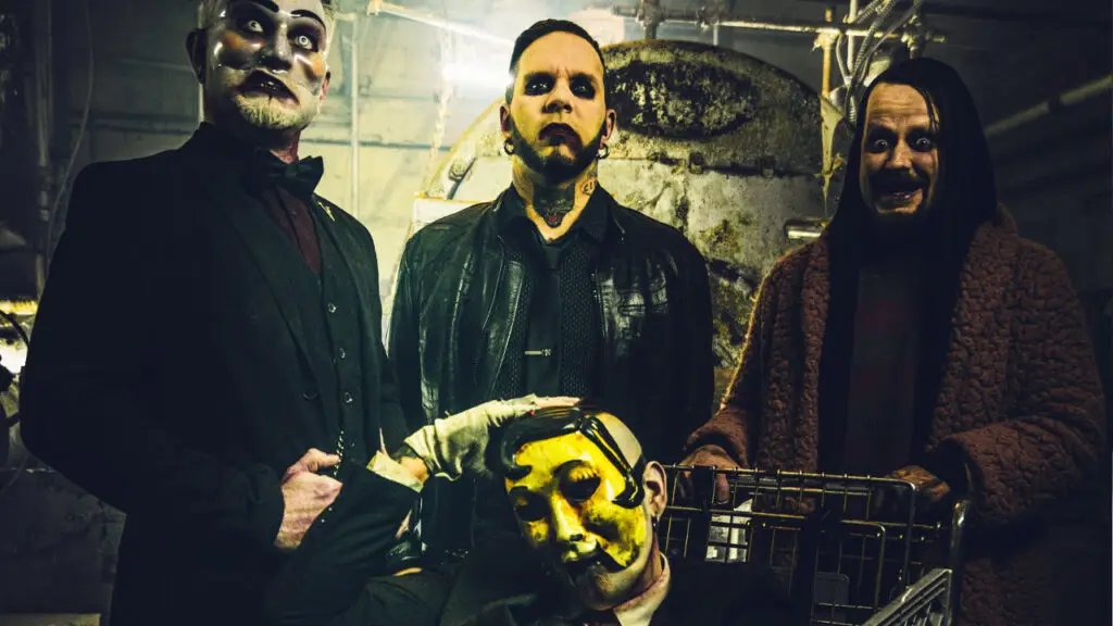 Ventana — three members in theatrical industrial metal press photo with dramatic makeup and dark industrial backdrop