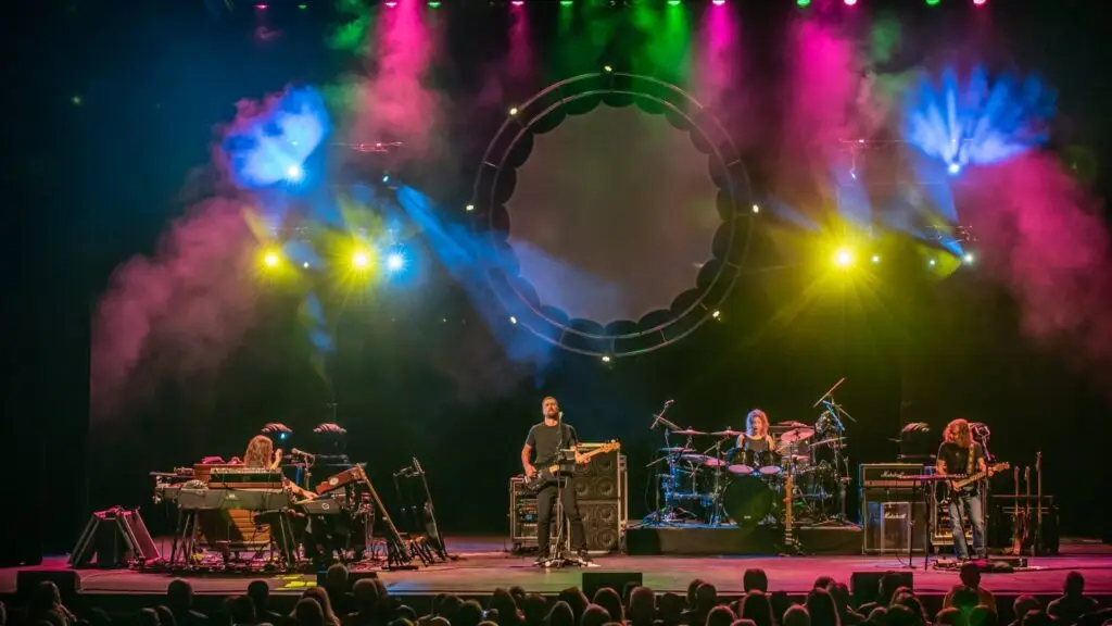 The Machine performing Pink Floyd live on stage with circular LED ring prop and colorful theatrical lighting