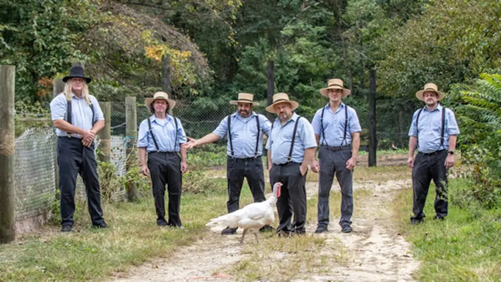 The Amish Outlaws — six-piece band in Amish attire with straw hats and suspenders, outdoor farm setting