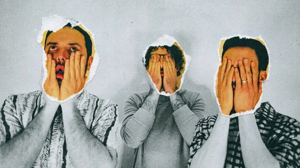 Jimkata band promo photo with three members in stylized torn-paper collage portrait