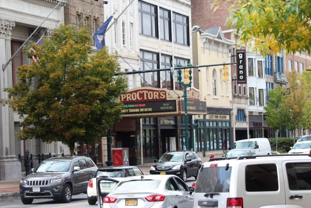 The illuminated Proctor’s marquee arching over State Street in downtown Schenectady, New York