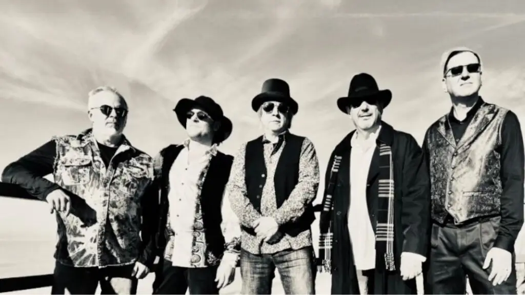 Great Wide Open, Tom Petty tribute band, five-piece group in black and white outdoor press photo