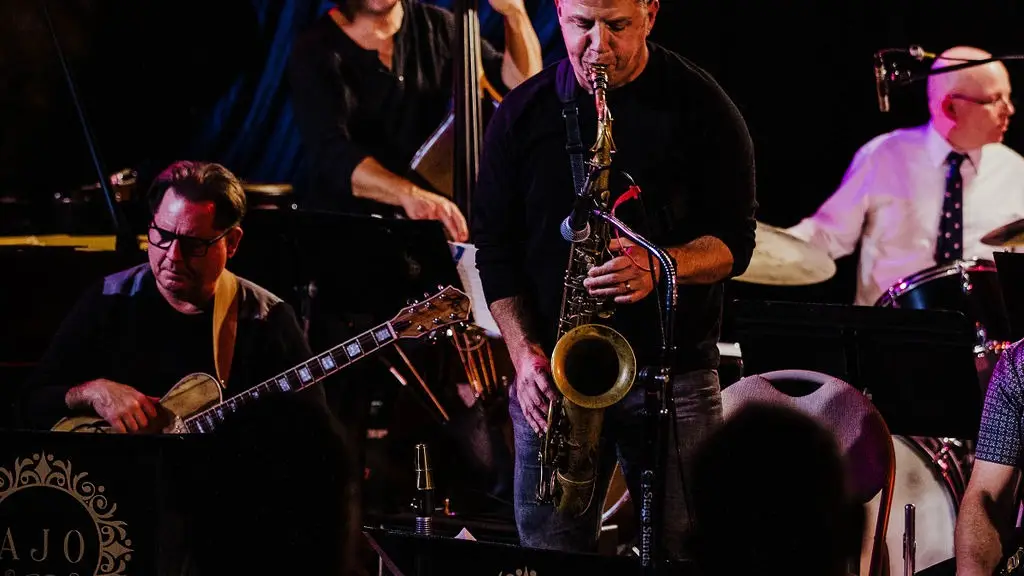 Analog Jazz Orchestra performing live at The Falcon — saxophonist and rhythm section on stage
