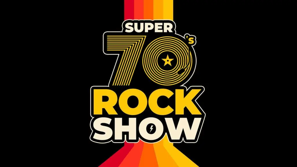Super 70's Rock Show official promotional graphic — retro logo on black with 70s color rays