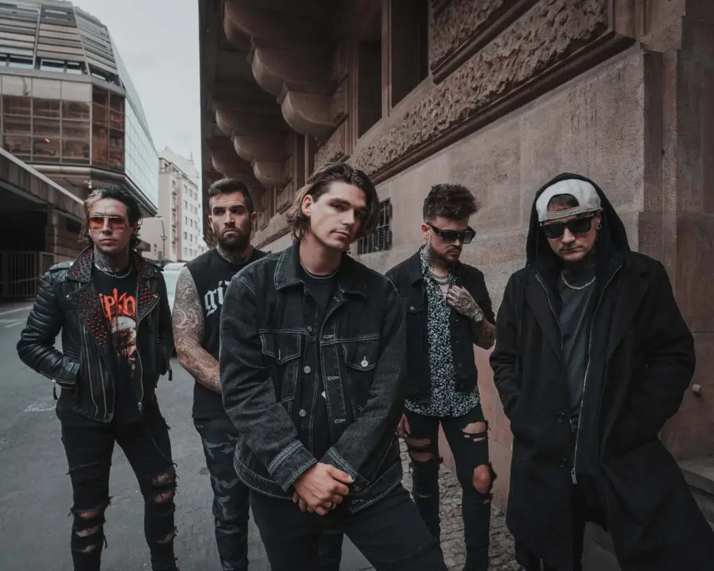 Until I Wake, five-piece post-hardcore band from Buffalo NY, in a moody urban street press photo