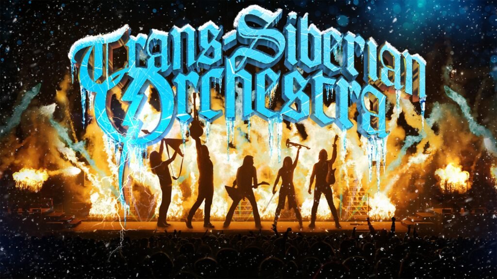 Trans-Siberian Orchestra band silhouettes with massive pyrotechnic fire effects on arena stage, 2026 tour